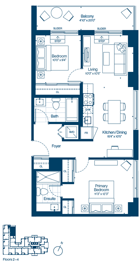 Floor plan for 2 beds, 2 baths, 856 sqft